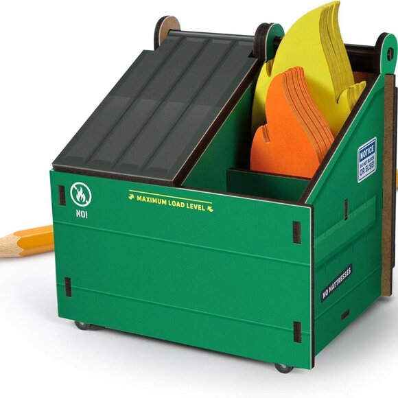 DESK DUMPSTER Pencil Holder with Flame Note Cards, 3 compartments for Desk and O - Picture 1 of 6